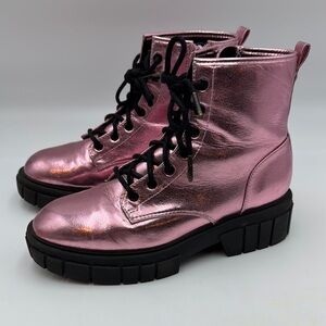 Metallic Pink Combat Boots with Black Laces and Chunky Sole madden nyc